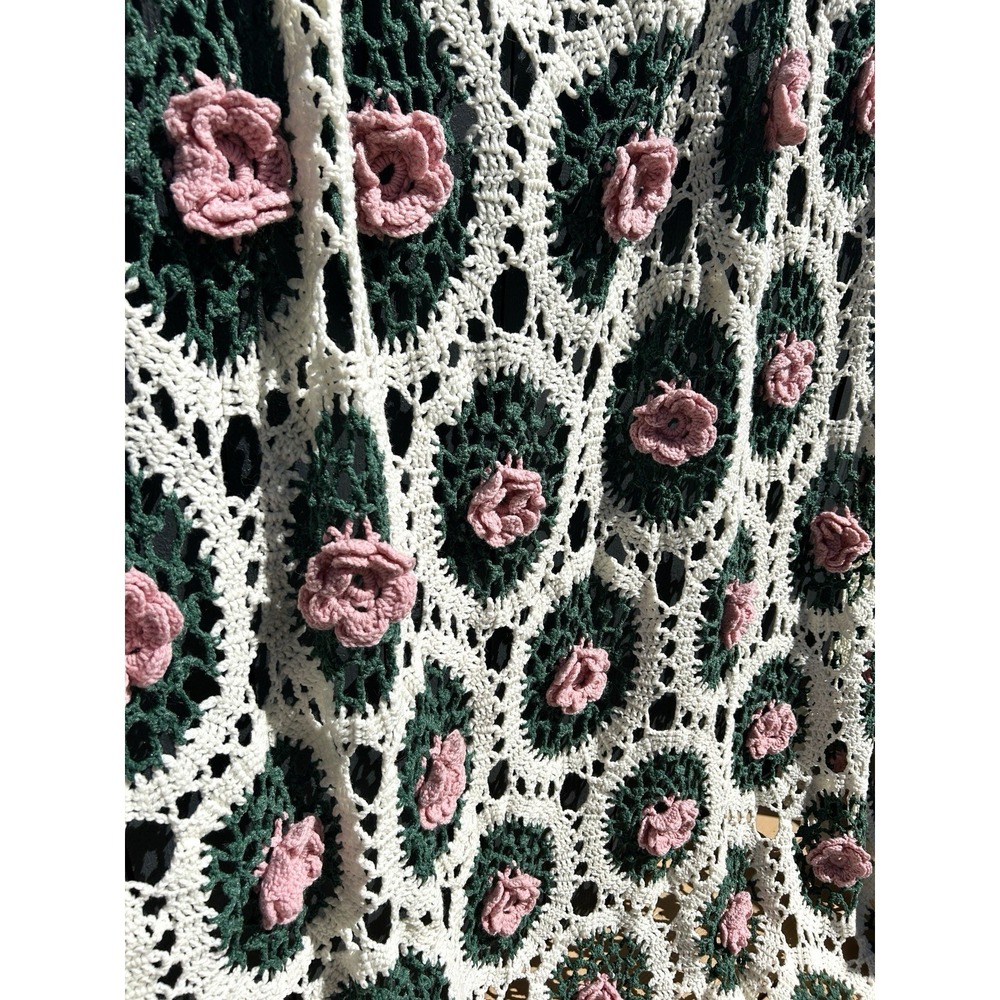 Vintage Handmade Crochet 3D Floral Sheer Cottage Throw Afghan 90X78 Granny